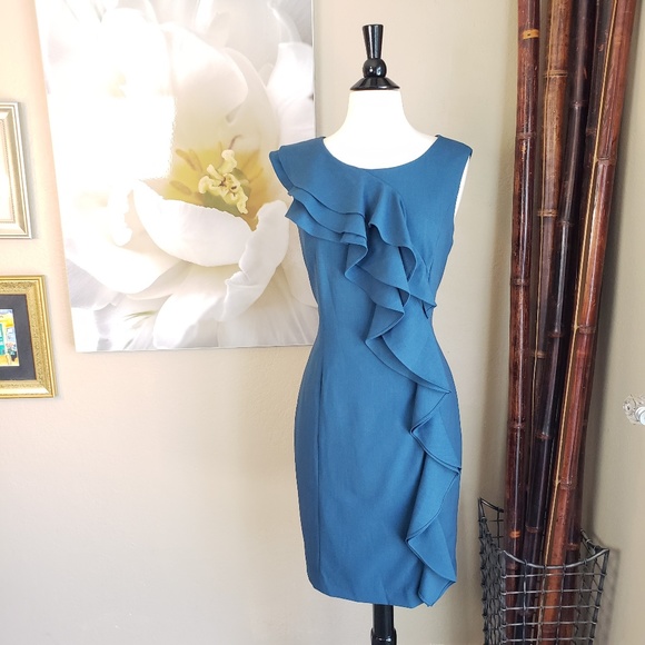 Calvin Klein Dresses & Skirts - Calvin Klein ~ Blue Crossbody Ruffle Dress ~ Sz 8